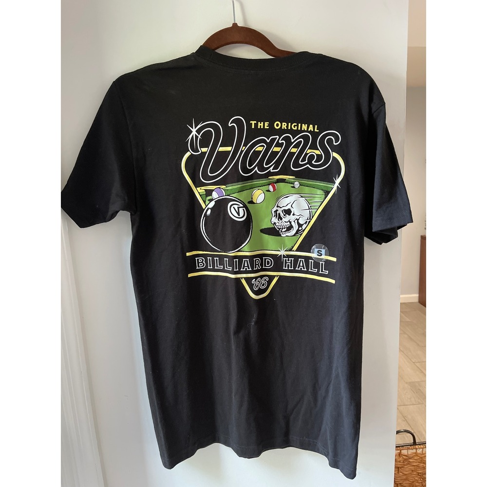 Vans Billiard Hall Graphic T-Shirt Mens Small Black Skull 8-Ball Pool Skate Tee